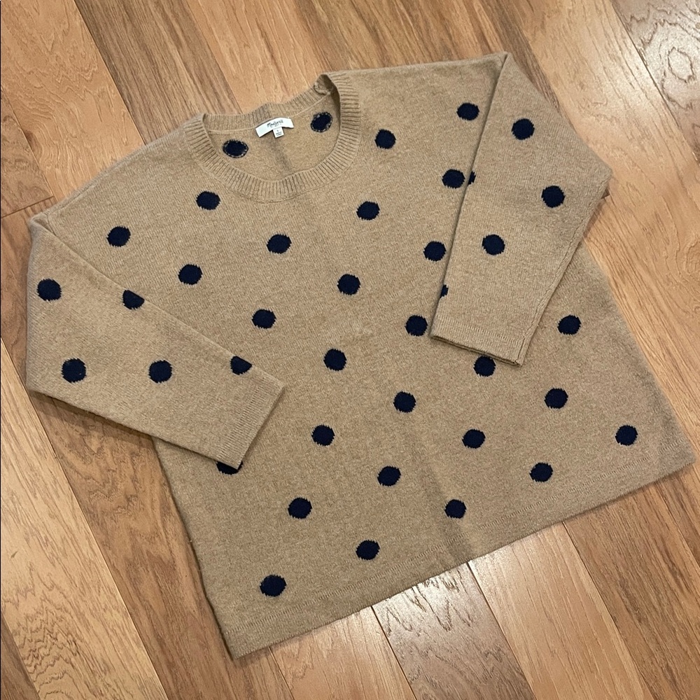 Madewell Camel and Navy Polka Dot Crewneck Sweater